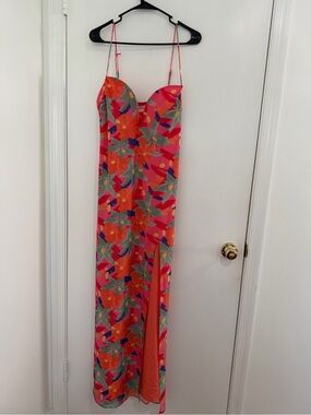Lovers + Friends Maxi Dress XL Tropical Floral Mesh Slit Vacation Cocktail